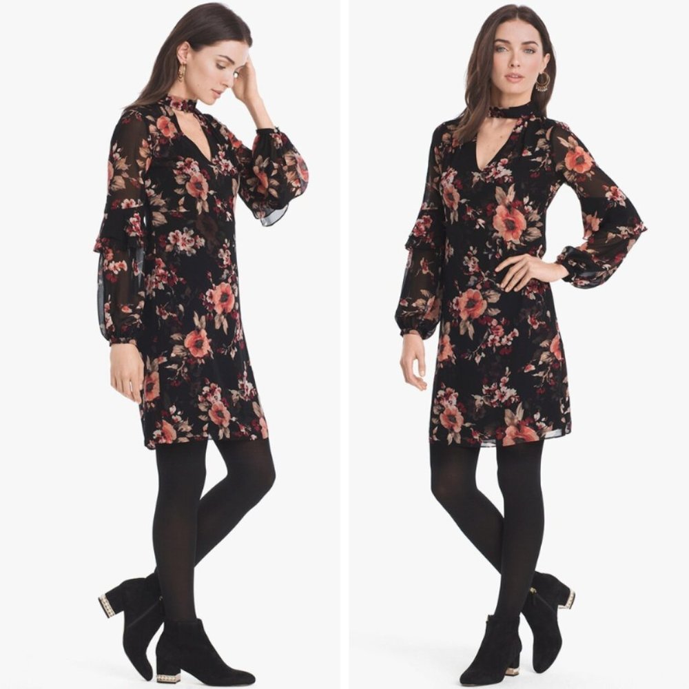 White House Black Market Black Long-Sleeve Floral Choker Shift Dress